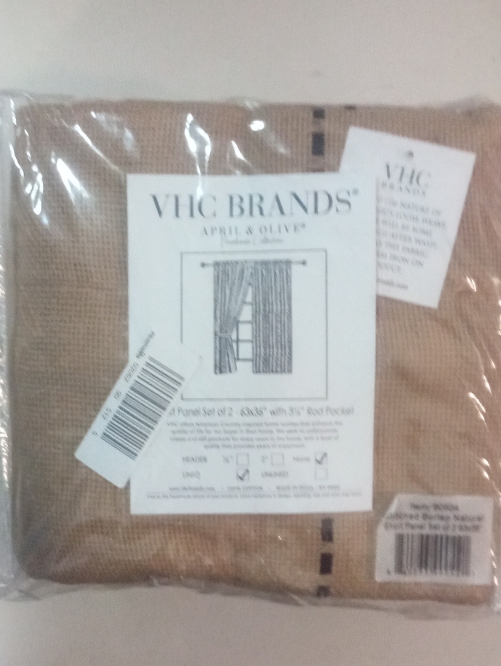 VHC Brands April's & Olive Natural Burlap Curtain Panel 63" NWT $76